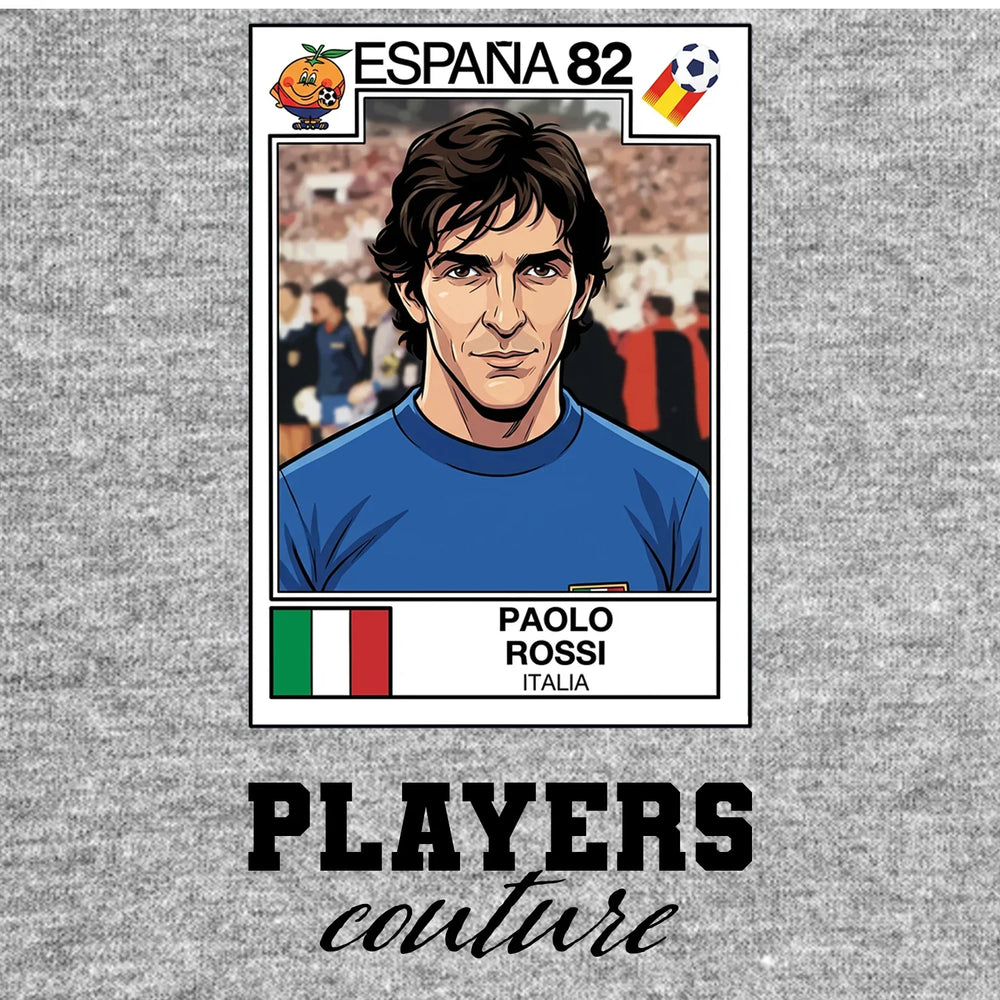 Paolo Rossi World Cup Sticker Men's T-Shirt – grey close-up detail shot of the Paolo Rossi World Cup Players Couture logo