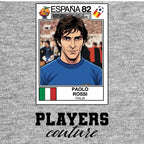 Paolo Rossi World Cup Sticker Men's T-Shirt – grey close-up detail shot of the Paolo Rossi World Cup Players Couture logo