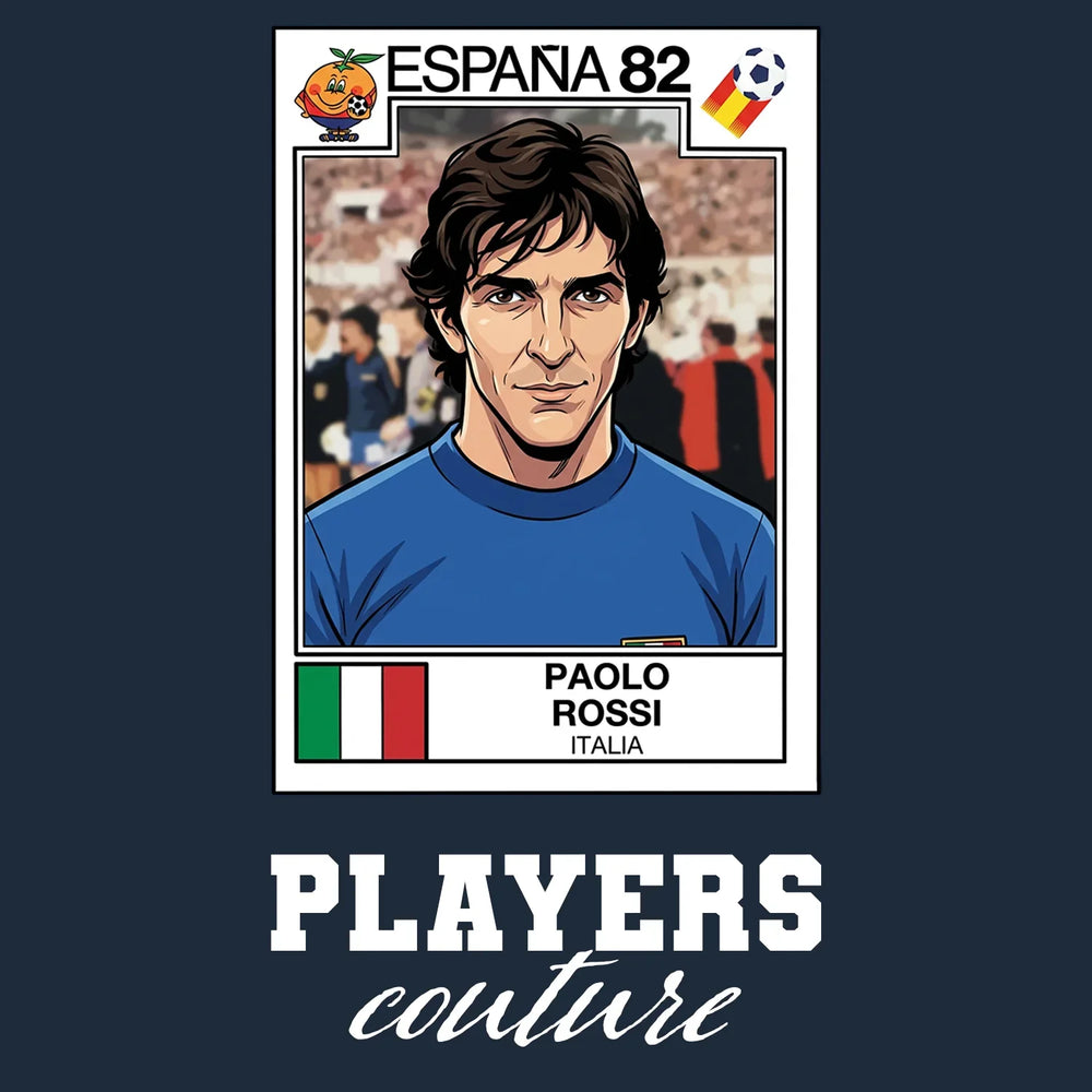 Paolo Rossi World Cup Sticker Men's T-Shirt – navy close-up detail shot of the Paolo Rossi World Cup Players Couture logo