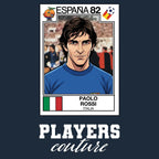 Paolo Rossi World Cup Sticker Men's T-Shirt – navy close-up detail shot of the Paolo Rossi World Cup Players Couture logo