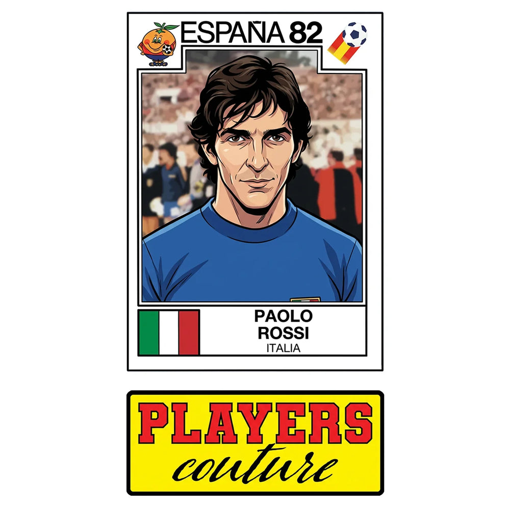 Paolo Rossi World Cup Sticker Men's T-Shirt – close-up detail shot of the Paolo Rossi World Cup Players Couture logo design