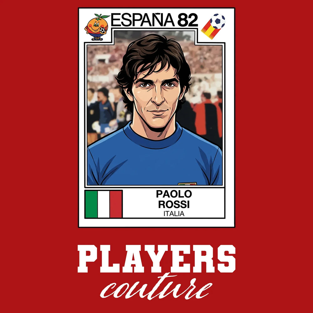 Paolo Rossi World Cup Sticker Men's T-Shirt – red close-up detail shot of the Paolo Rossi World Cup Players Couture logo