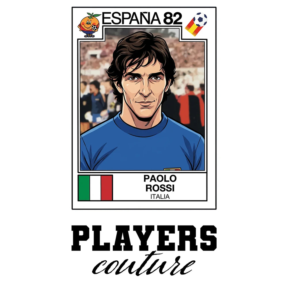 Paolo Rossi World Cup Sticker Men's T-Shirt – white close-up detail shot of the Paolo Rossi Players Couture logo design