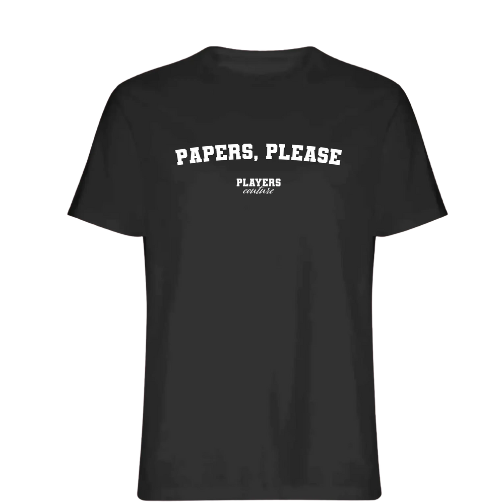 Papers, Please t-shirt – black men's t-shirt with white Papers, Please letters and Players Couture logo on the chest