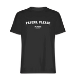 Papers, Please t-shirt – black men's t-shirt with white Papers, Please letters and Players Couture logo on the chest