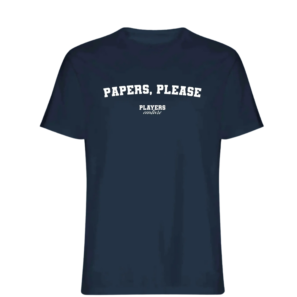 Papers, Please t-shirt – navy men's t-shirt with white Papers, Please letters and Players Couture logo on the chest
