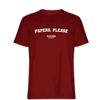 Papers, Please t-shirt – red men's t-shirt with white Papers, Please letters and Players Couture logo on the chest
