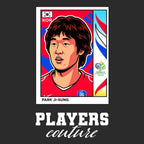 Park Ji Sung World Cup Sticker Men's T-Shirt – black close-up detail shot of the Park Ji Sung World Cup Players Couture logo