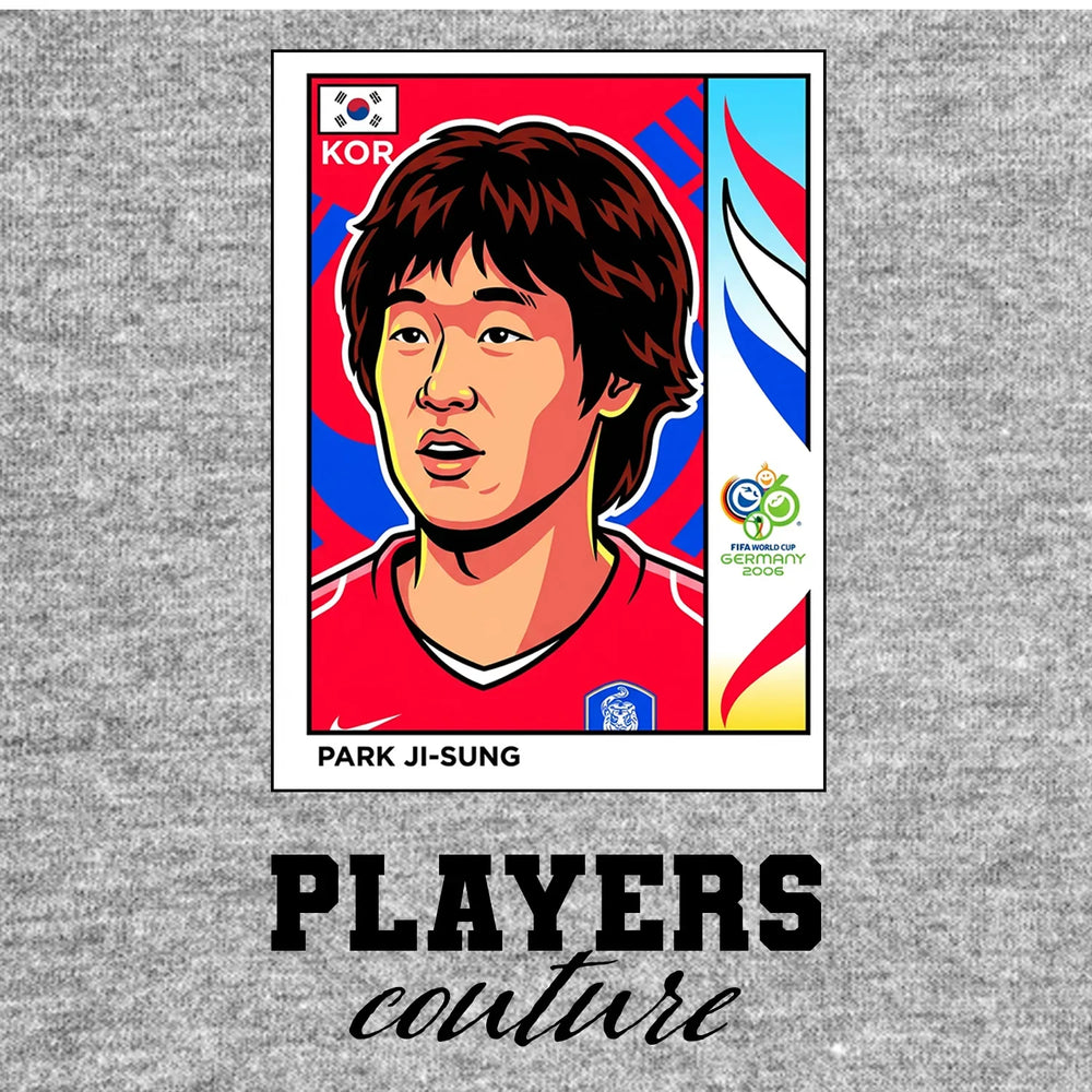 Park Ji Sung World Cup Sticker Men's T-Shirt – grey close-up detail shot of the Park Ji Sung World Cup Players Couture logo