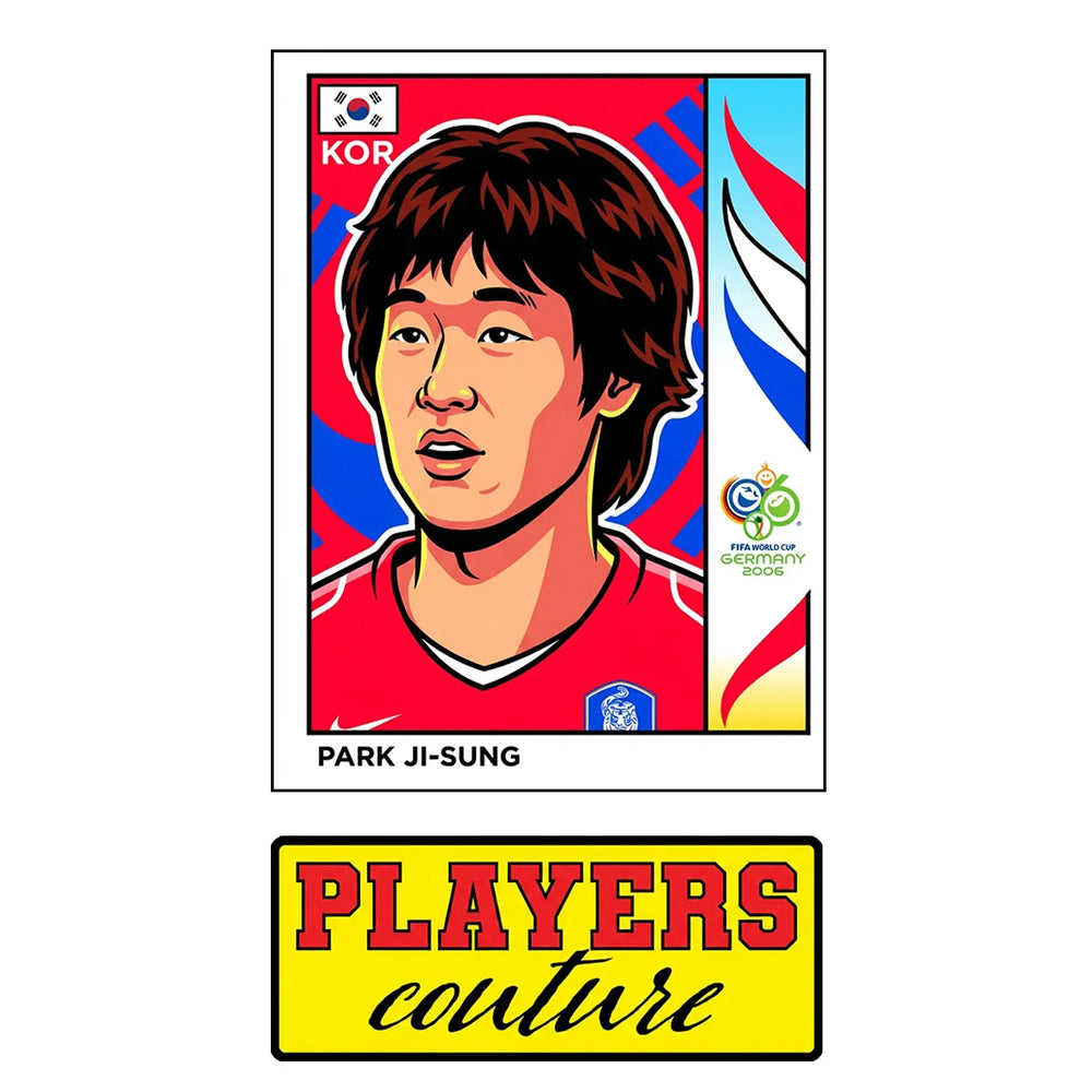 Park Ji Sung World Cup Sticker Men's T-Shirt – close-up detail shot of the Park Ji Sung World Cup Players Couture logo design