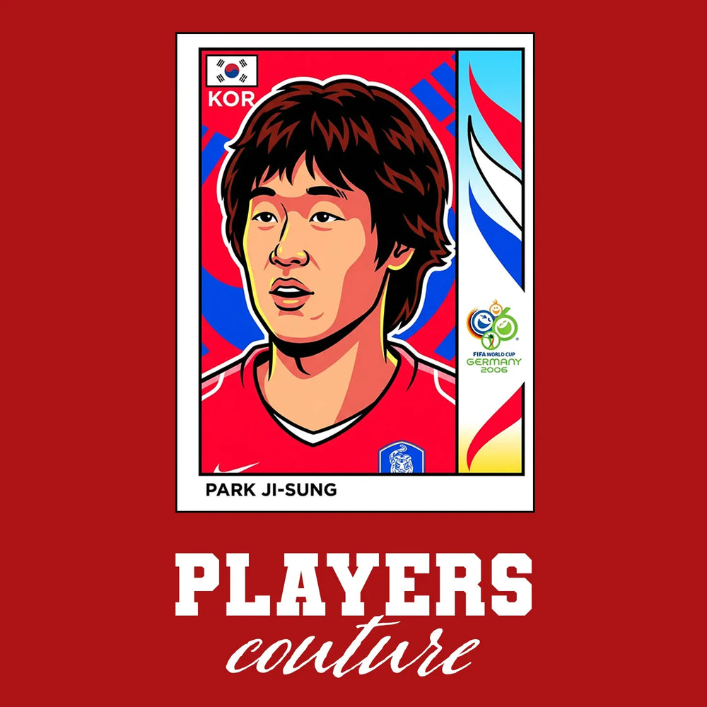 Park Ji Sung World Cup Sticker Men's T-Shirt – red close-up detail shot of the Park Ji Sung World Cup Players Couture logo