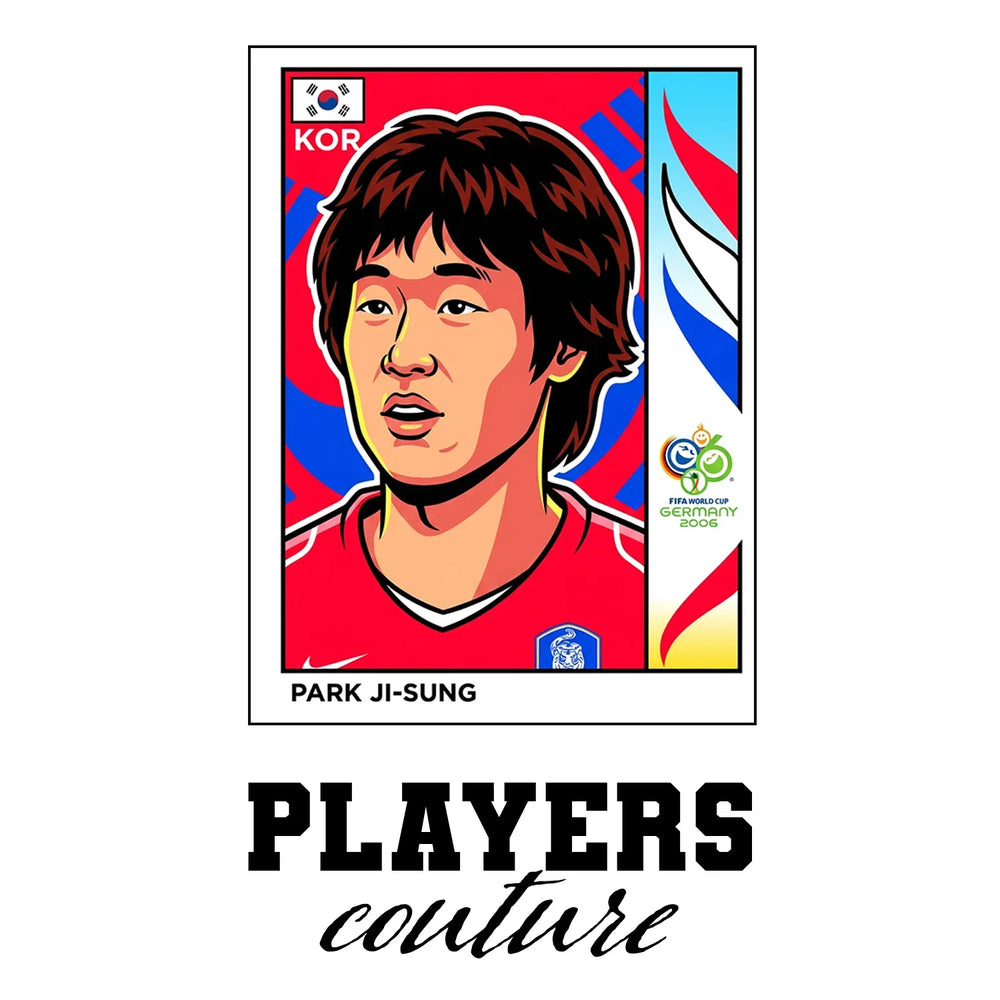 Park Ji Sung World Cup Sticker Men's T-Shirt – white close-up detail shot of the Park Ji Sung Players Couture logo design
