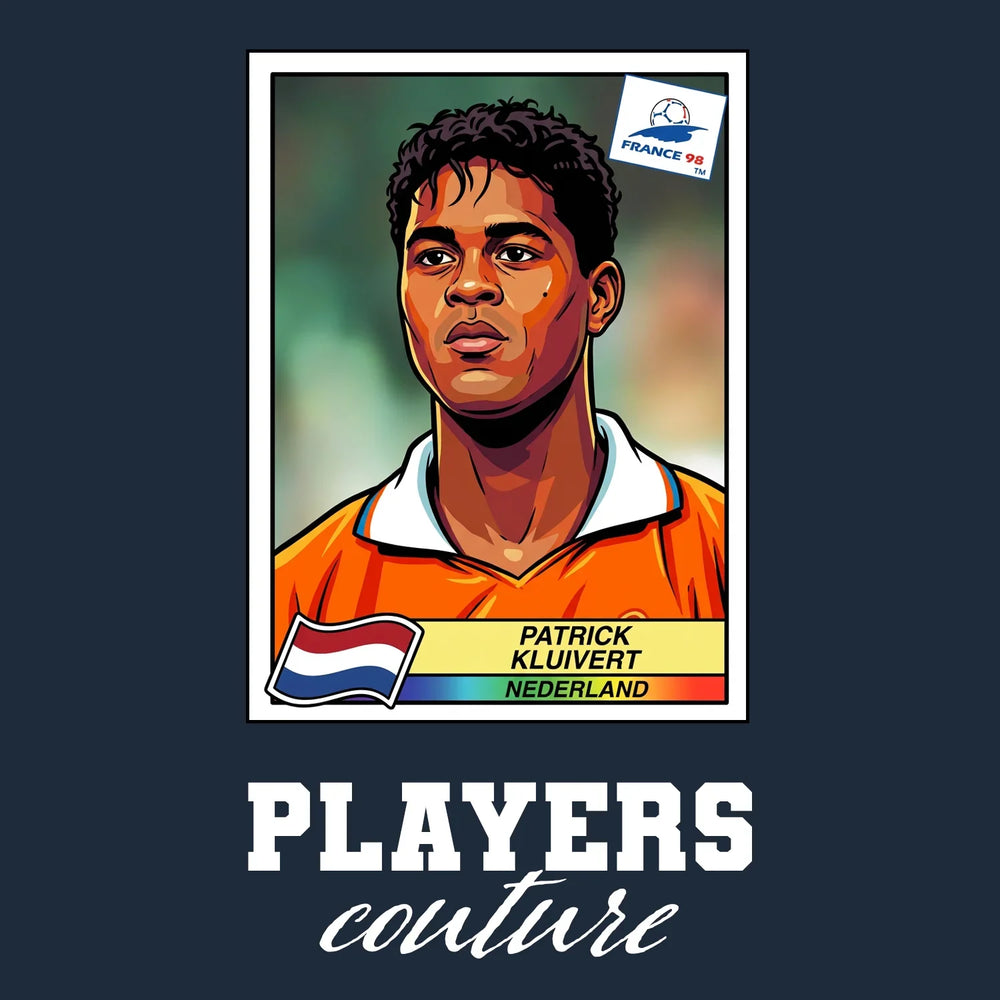 Patrick Kluivert World Cup Sticker Men's T-Shirt – navy close-up detail shot of the Patrick Kluivert World Cup Players
