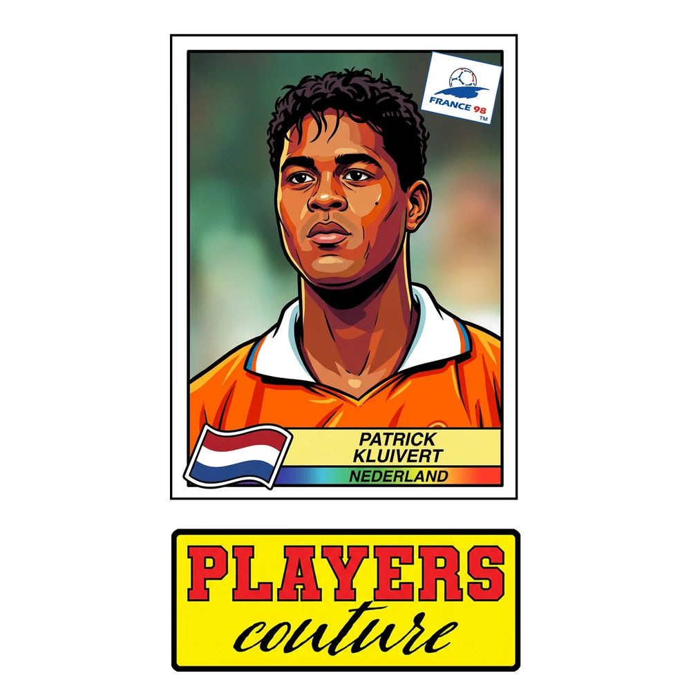 Patrick Kluivert World Cup Sticker Men's T-Shirt – close-up detail shot of the Patrick Kluivert World Cup Players Couture