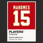 Patrick Mahomes 15 Jersey Frame Men's T-Shirt – black close-up detail shot of the Patrick Mahomes 15 Players Couture logo