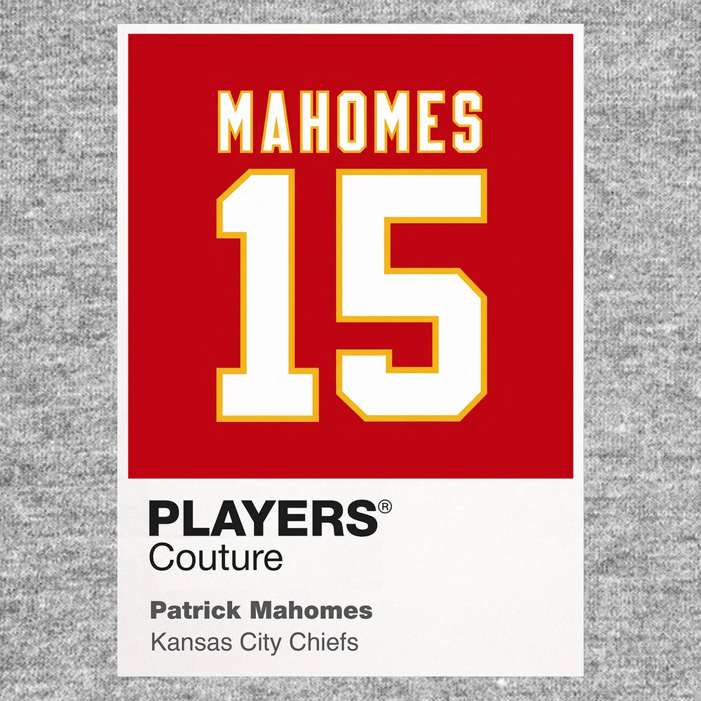 Patrick Mahomes 15 Jersey Frame Men's T-Shirt – grey close-up detail shot of the Patrick Mahomes 15 Players Couture logo