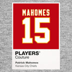Patrick Mahomes 15 Jersey Frame Men's T-Shirt – grey close-up detail shot of the Patrick Mahomes 15 Players Couture logo