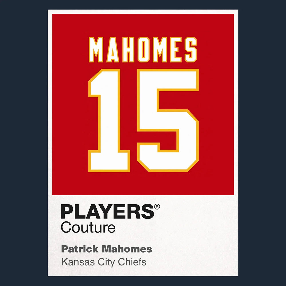 Patrick Mahomes 15 Jersey Frame Men's T-Shirt – navy close-up detail shot of the Patrick Mahomes 15 Players Couture logo