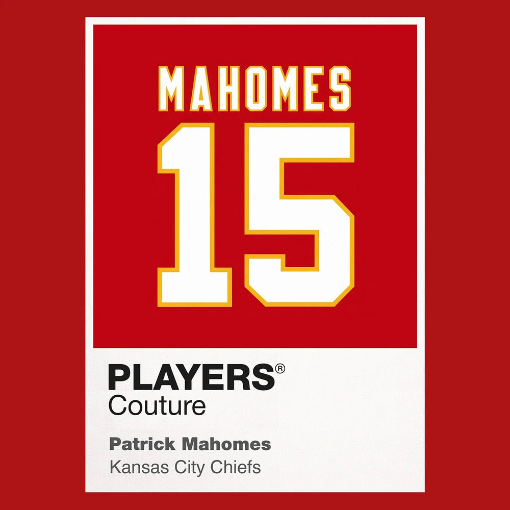 Patrick Mahomes 15 Jersey Frame Men's T-Shirt – red close-up detail shot of the Patrick Mahomes 15 Players Couture logo