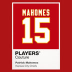 Patrick Mahomes 15 Jersey Frame Men's T-Shirt – red close-up detail shot of the Patrick Mahomes 15 Players Couture logo