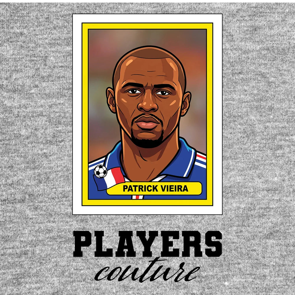 Patrick Vieira World Cup Sticker Men's T-Shirt – grey close-up detail shot of the Patrick Vieira World Cup Players Couture