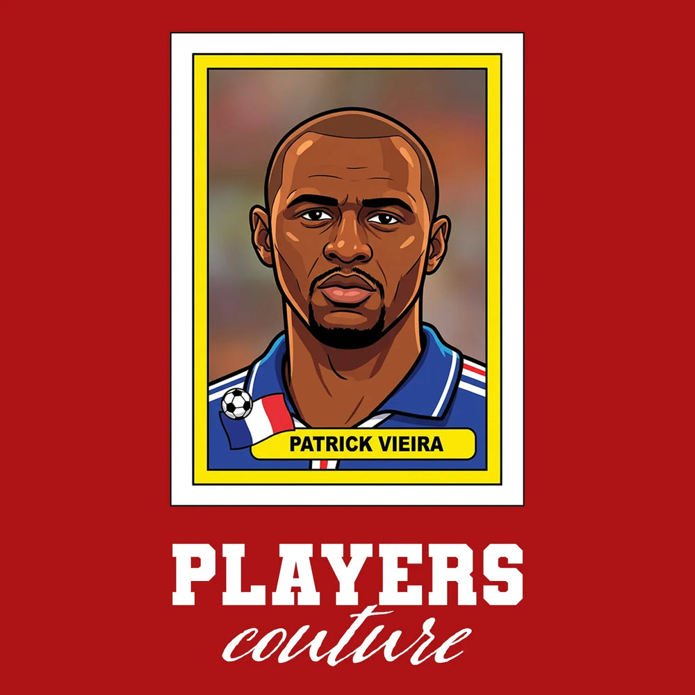 Patrick Vieira World Cup Sticker Men's T-Shirt – red close-up detail shot of the Patrick Vieira World Cup Players Couture