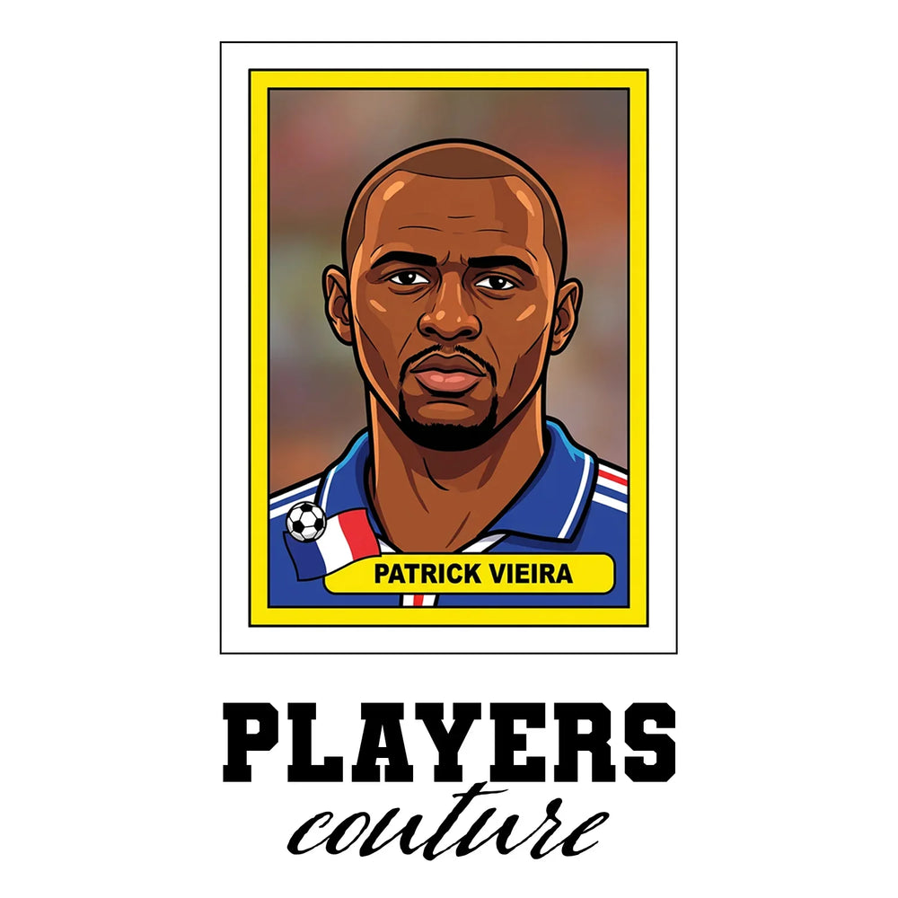 Patrick Vieira World Cup Sticker Men's T-Shirt – white close-up detail shot of the Patrick Vieira Players Couture logo design