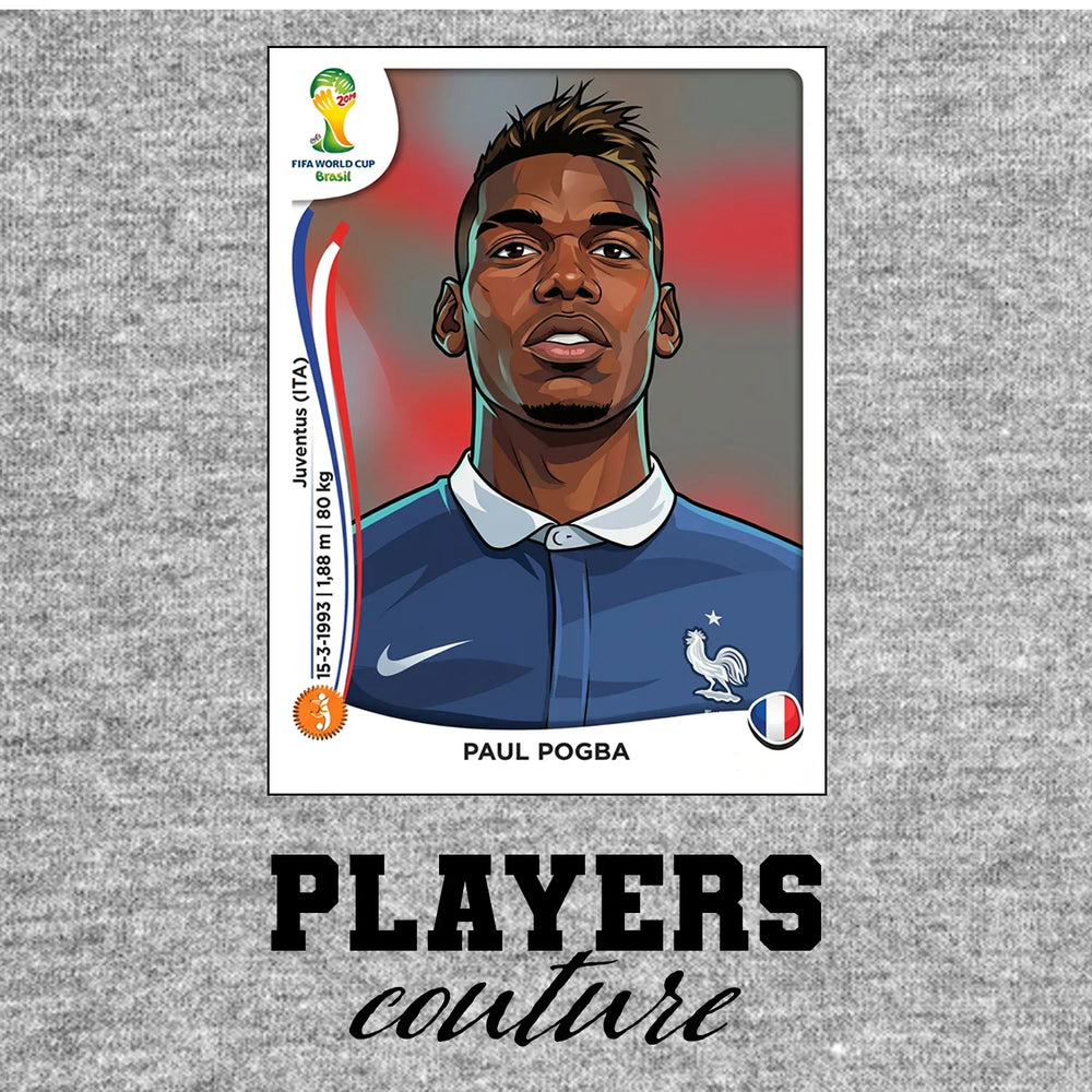 Paul Pogba World Cup Sticker Men's T-Shirt – grey close-up detail shot of the Paul Pogba World Cup Players Couture logo