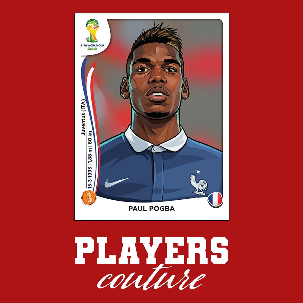 Paul Pogba World Cup Sticker Men's T-Shirt – red close-up detail shot of the Paul Pogba World Cup Players Couture logo design