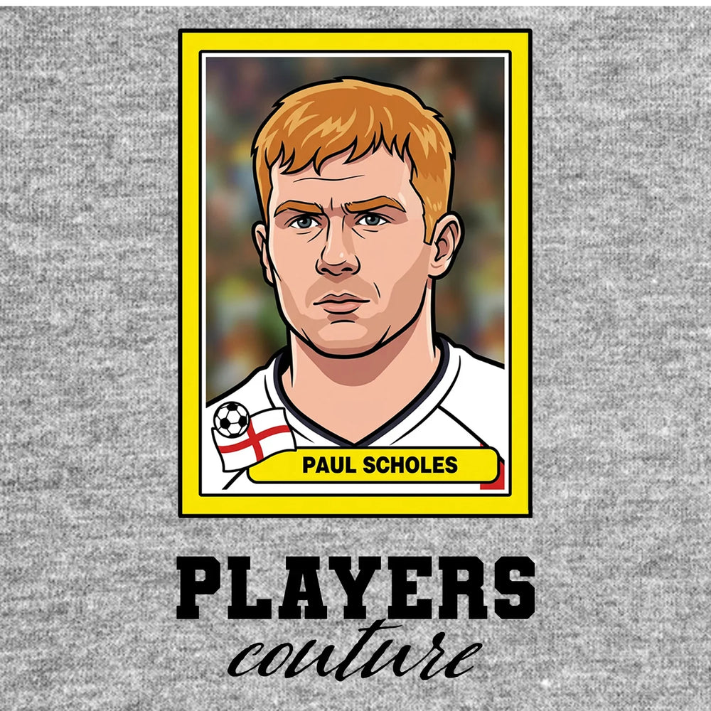 Paul Scholes World Cup Sticker Men's T-Shirt – grey close-up detail shot of the Paul Scholes World Cup Players Couture logo