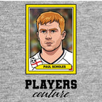 Paul Scholes World Cup Sticker Men's T-Shirt – grey close-up detail shot of the Paul Scholes World Cup Players Couture logo