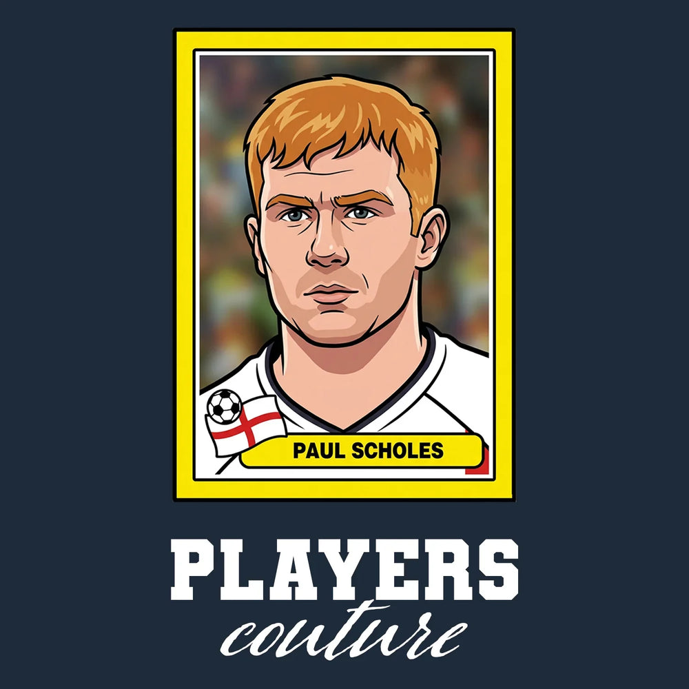 Paul Scholes World Cup Sticker Men's T-Shirt – navy close-up detail shot of the Paul Scholes World Cup Players Couture logo