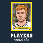 Paul Scholes World Cup Sticker Men's T-Shirt – navy close-up detail shot of the Paul Scholes World Cup Players Couture logo
