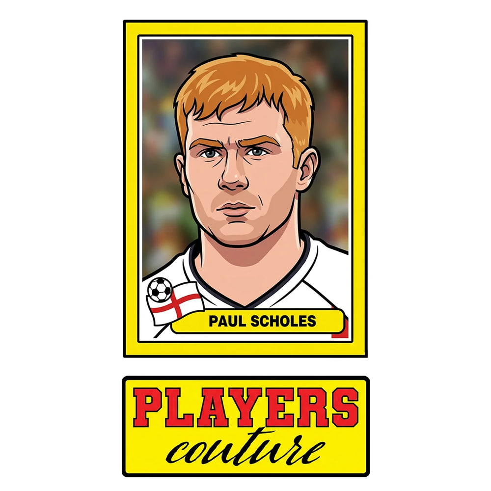 Paul Scholes World Cup Sticker Men's T-Shirt – close-up detail shot of the Paul Scholes Players Couture logo design