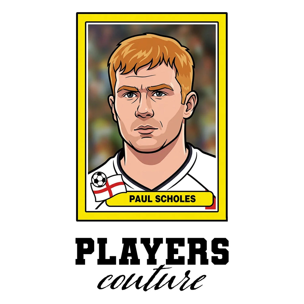Paul Scholes World Cup Sticker Men's T-Shirt – white close-up detail shot of the Paul Scholes World Cup Players Couture logo