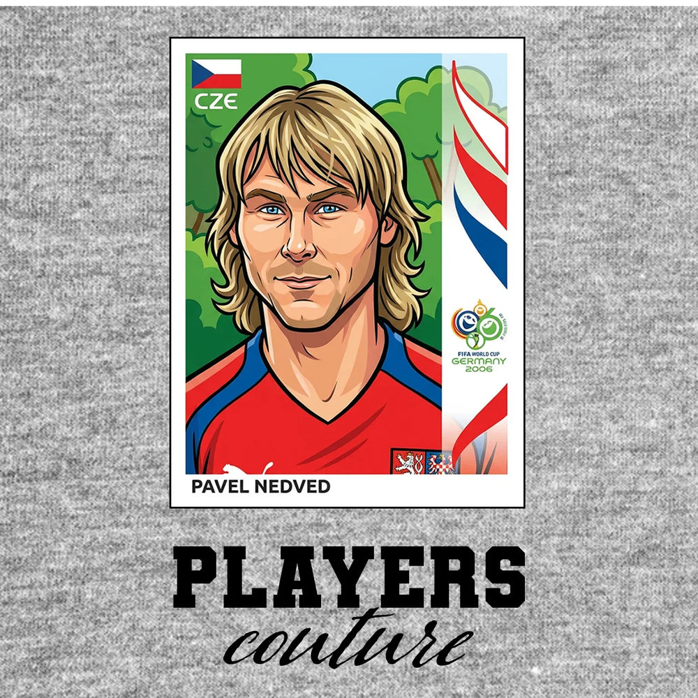 Pavel Nedved World Cup Sticker Men's T-Shirt – grey close-up detail shot of the Pavel Nedved World Cup Players Couture logo