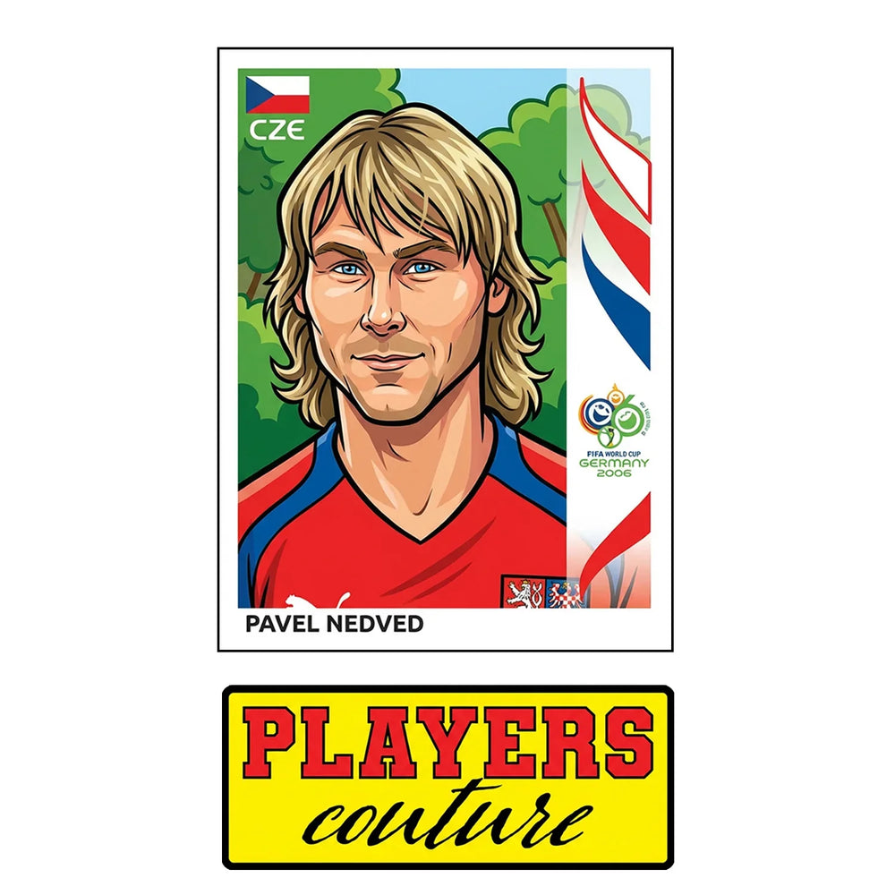 Pavel Nedved World Cup Sticker Men's T-Shirt – close-up detail shot of the Pavel Nedved World Cup Players Couture logo design