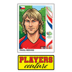 Pavel Nedved World Cup Sticker Men's T-Shirt – close-up detail shot of the Pavel Nedved World Cup Players Couture logo design