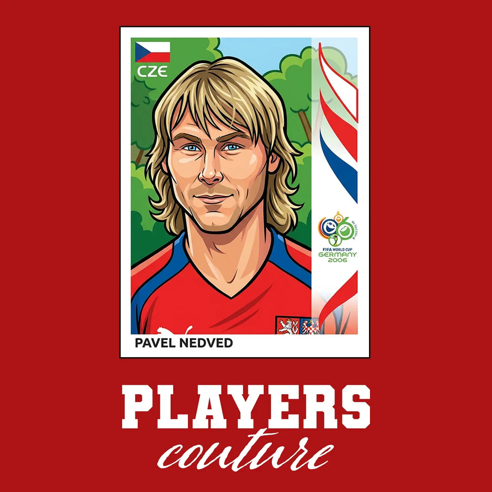 Pavel Nedved World Cup Sticker Men's T-Shirt – red close-up detail shot of the Pavel Nedved World Cup Players Couture logo