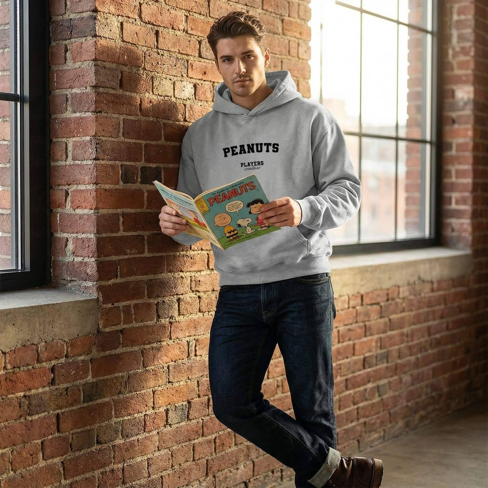 Peanuts hoodie – navy men's hoodie with white Peanuts letters and Players Couture logo on the chest