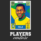 Pele World Cup Sticker Men's T-Shirt – black close-up detail shot of the Pele World Cup Players Couture logo design
