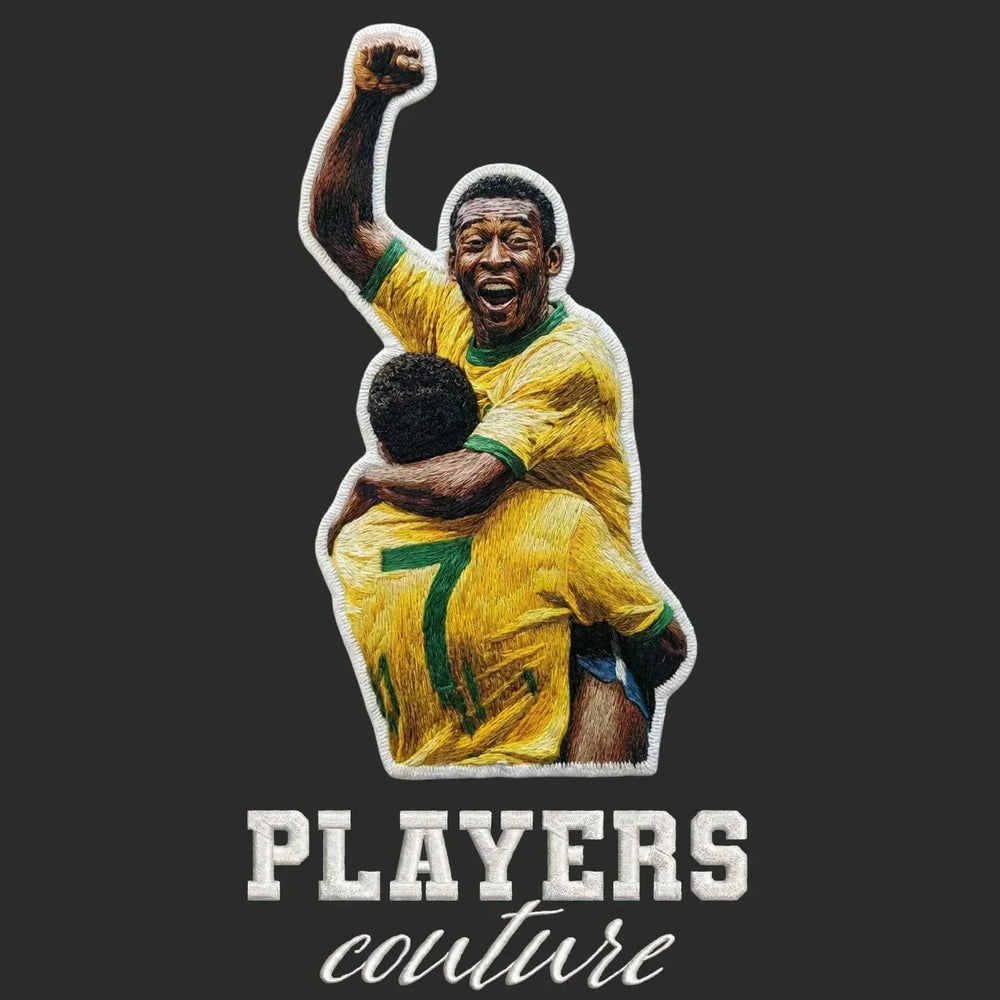 Pele Celebration Badge Men's Hoodie – black close-up detail shot of the Pele Celebration Players Couture logo design