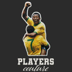 Pele Celebration Badge Men's Hoodie – black close-up detail shot of the Pele Celebration Players Couture logo design