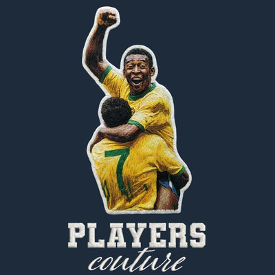 Pele Celebration Badge Men's Hoodie – navy close-up detail shot of the Pele Players Couture logo design