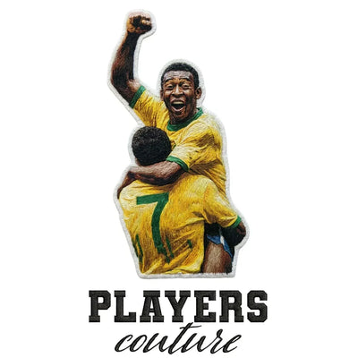 Pele Celebration Badge Men's Hoodie – white close-up detail shot of the Pele Celebration Players Couture logo design