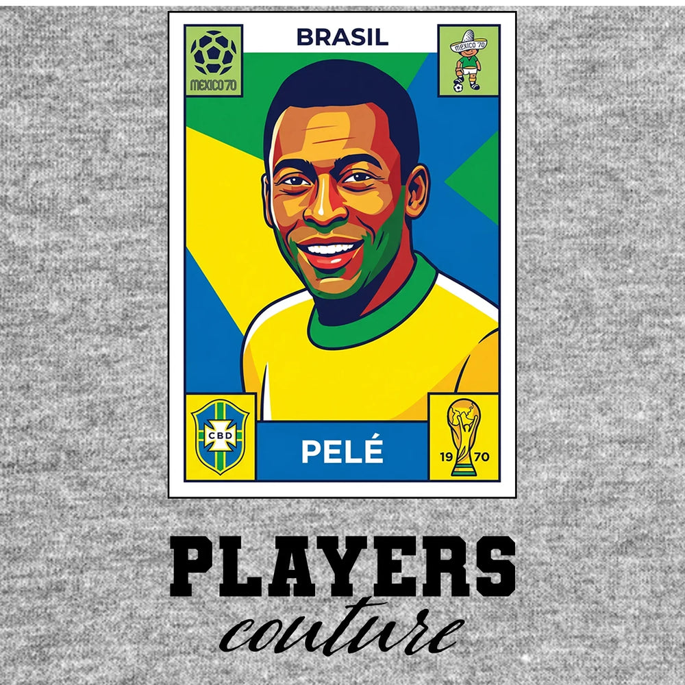 Pele World Cup Sticker Men's T-Shirt – grey close-up detail shot of the Pele World Cup Players Couture logo design