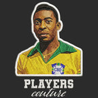 Pele Badge Men's Hoodie – black close-up detail shot of the Pele Players Couture logo design