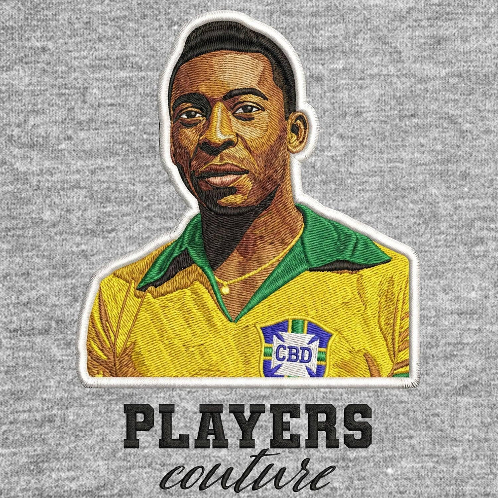 Pele Badge Men's Hoodie – grey close-up detail shot of the Pele Players Couture logo design