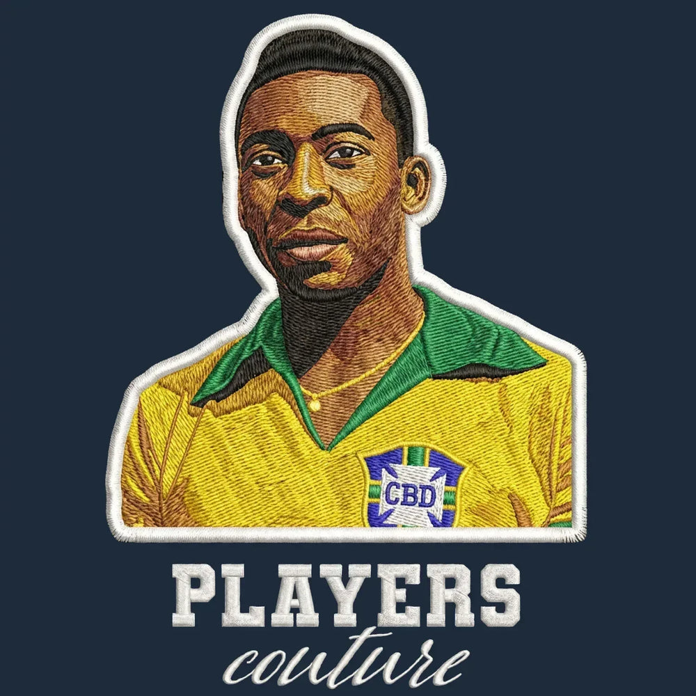 Pele Badge Men's Hoodie – navy close-up detail shot of the Pele Players Couture logo design