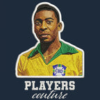 Pele Badge Men's Hoodie – navy close-up detail shot of the Pele Players Couture logo design